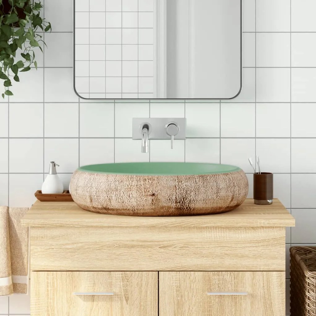 Lavabo Da Appoggio Verde E Marrone Ovale 59x40x15 Cm Ceramica /