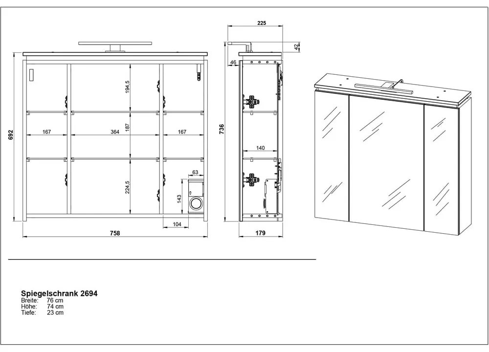 Mobile bagno antracite con specchio e illuminazione 76x74 cm Modesto - Germania