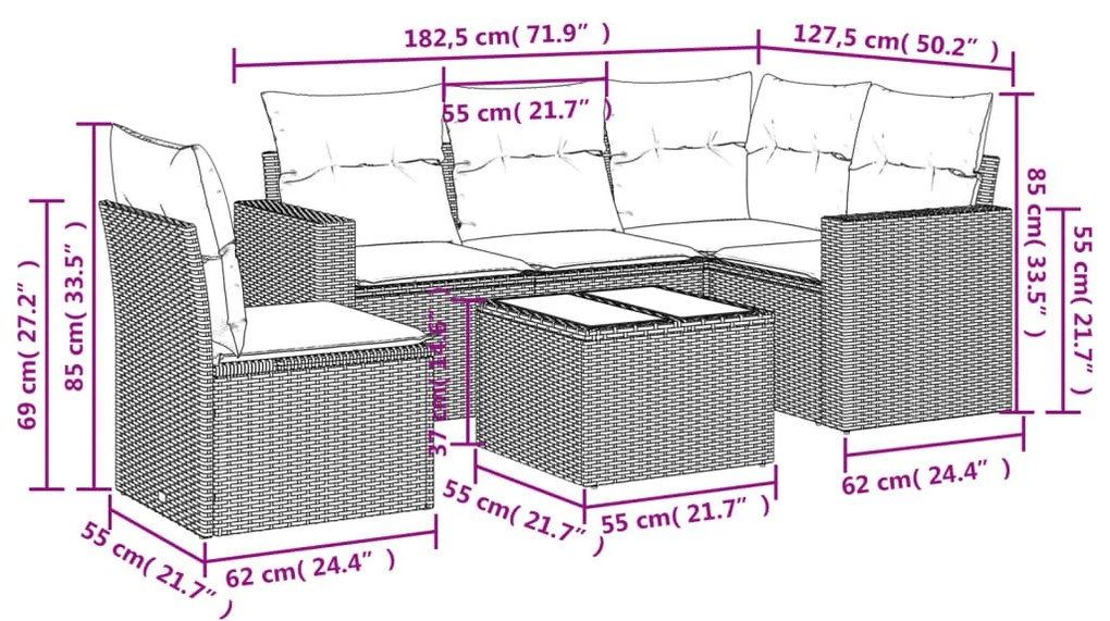 Set divano da giardino 6 pz con cuscini beige in polyrattan