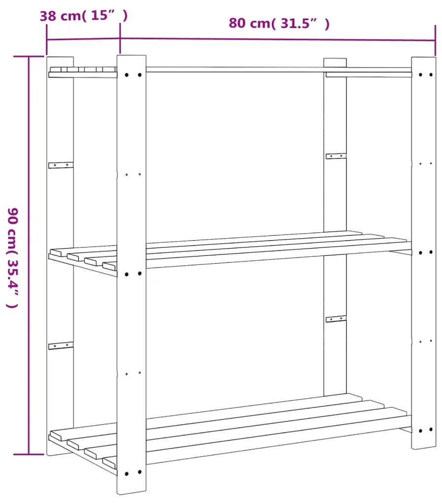 Scaffale a 3 Livelli Nero 80x38x90 cm in Legno Massello di Pino