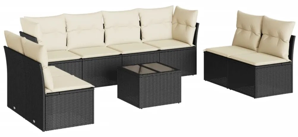 Set divani da giardino 9 pz con cuscini nero in polyrattan