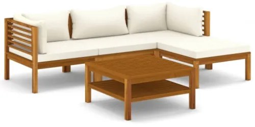 Set Divani da Giardino 5 pz con Cuscini Crema in Legno Acacia