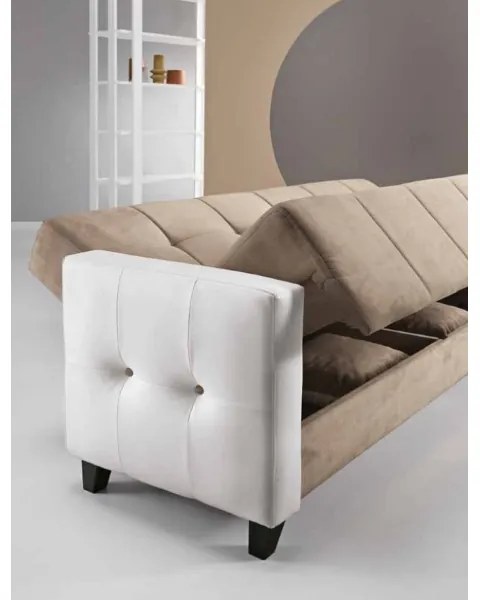 Divano letto 213 cm seduta tessuto Nocciola struttura ecopelle Bianco PARADISE