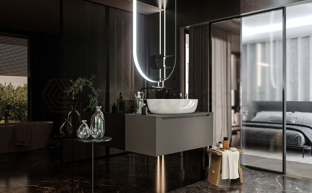 Mobile Bagno grigio opaco 90x50 Amalfi Con Un Cassetto e Lavabo da appoggio in ceramica