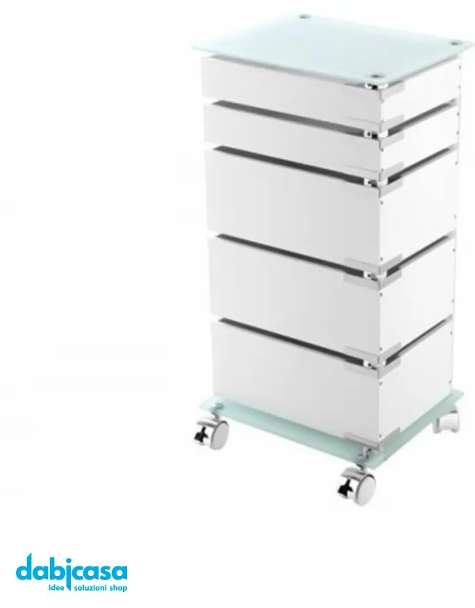 Carrello In Acciaio Cromato Con Ripiani in Vetro Temperato 5 Cassetti Girevole