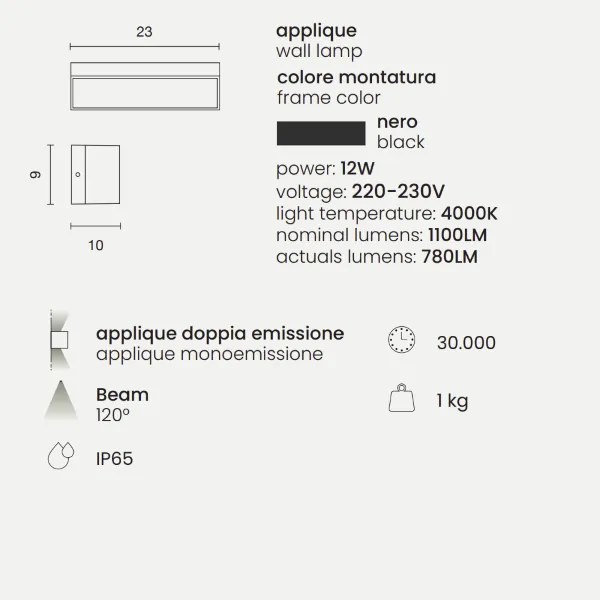 Lampada applique per esterni 23x10 cm FALCO a doppia emissione Nero