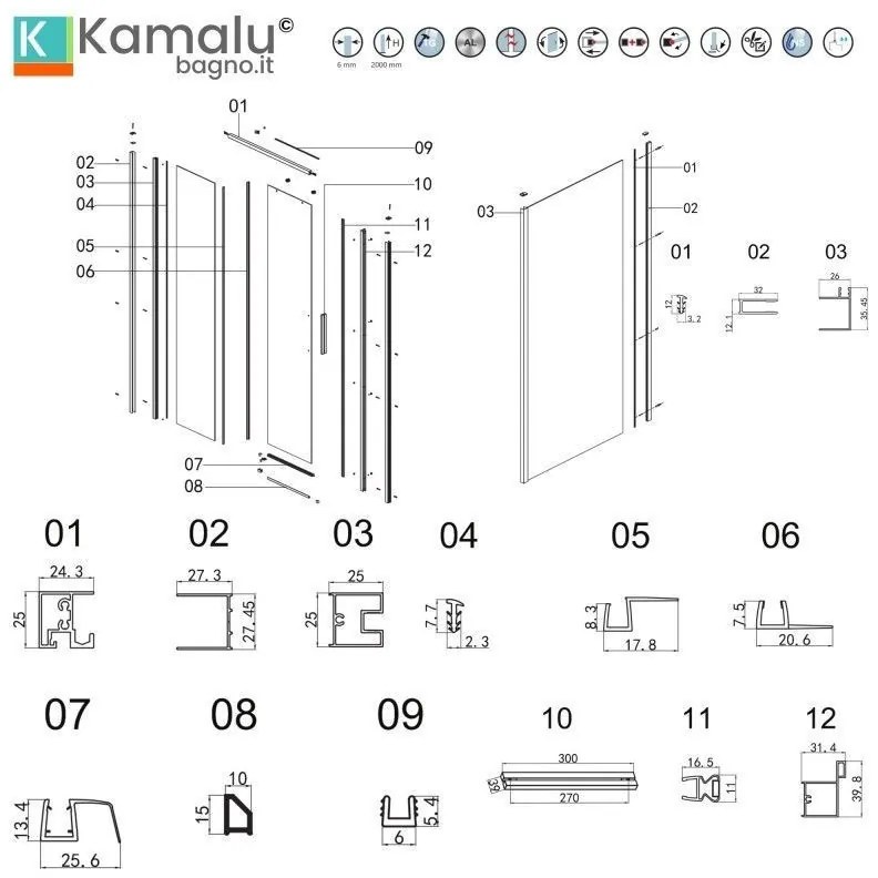 Kamalu - box doccia 75x120 colore nero vetro 6mm altezza 200h | kla-4000n