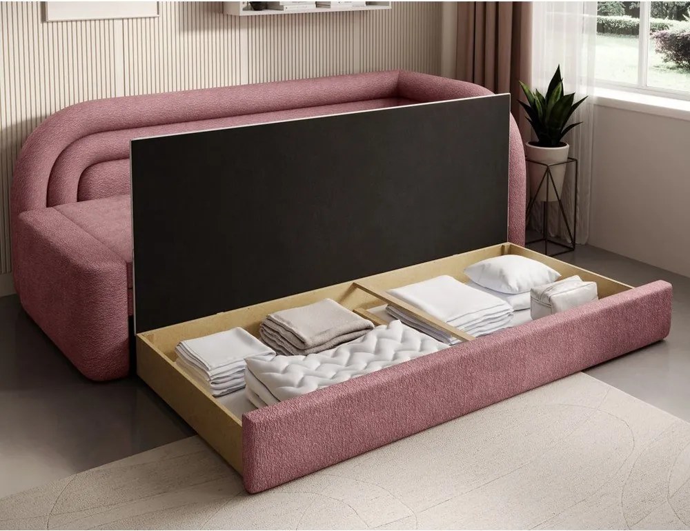 Divano rosa allungabile/con contenitore con penisola a destra e rivestimento in ciniglia 223 cm Fabillo – ELTAP