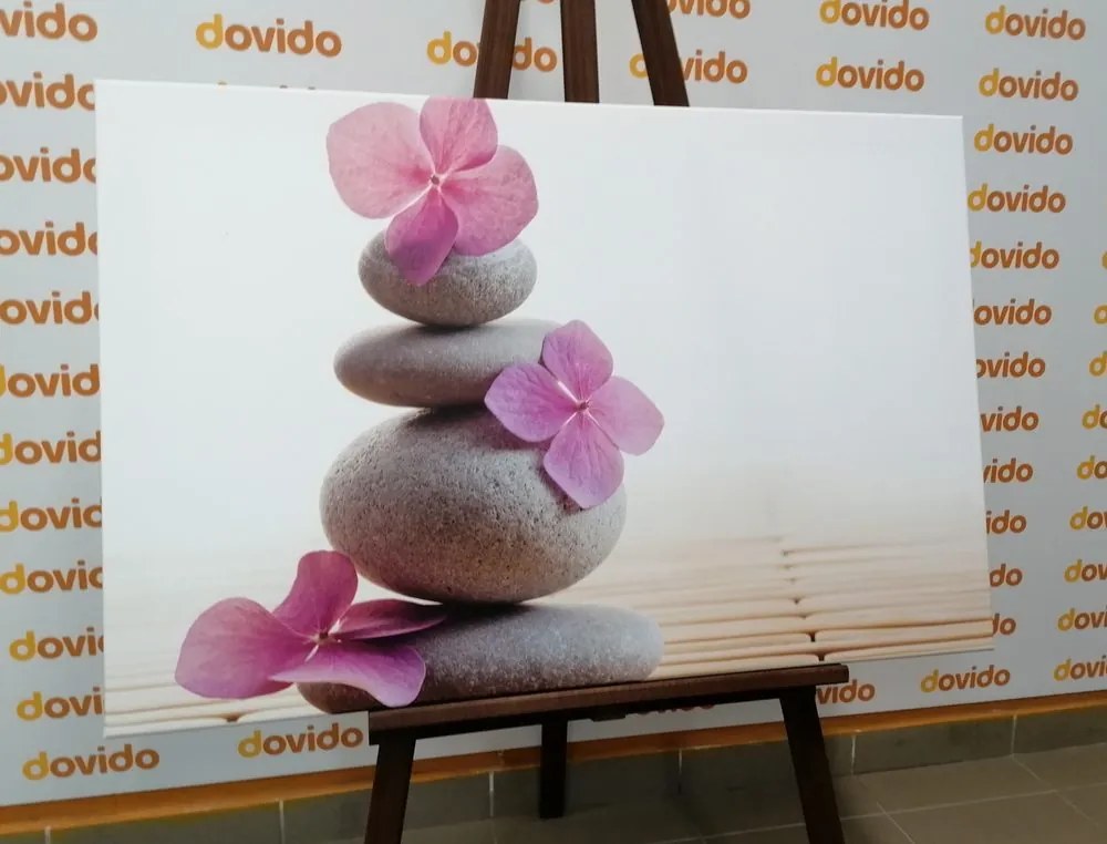Quadro su tela – Equilibrio di pietre e fiori orientali rosa