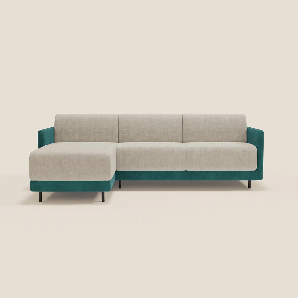 Narciso divano letto angolare con materasso alto 18 cm e penisola contenitore in tessuto bicolore impermeabile T11 e T06 petrolio - panna
