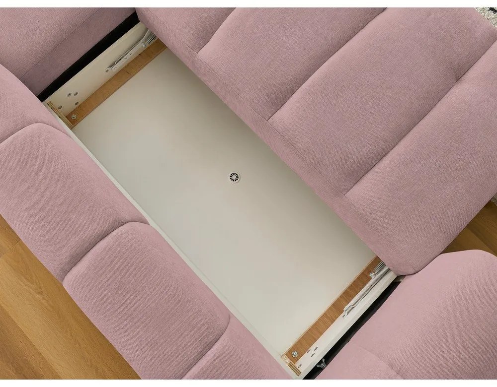 Divano angolare rosa allungabile e con contenitore (penisola a destra/chaise lounge) con rivestimento in ciniglia Fuji – Bobochic Paris