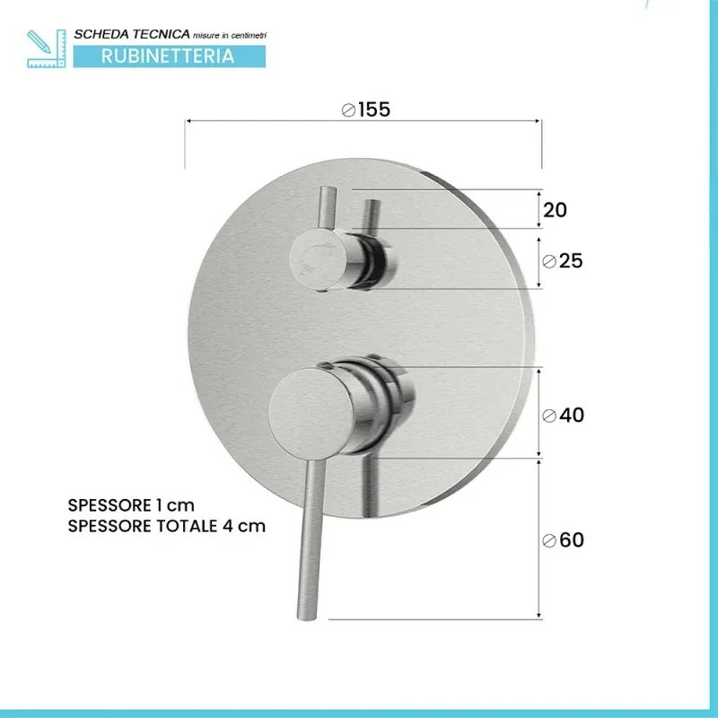 Miscelatore doccia a incasso in acciaio inox color nichel spazzolato con deviatore York