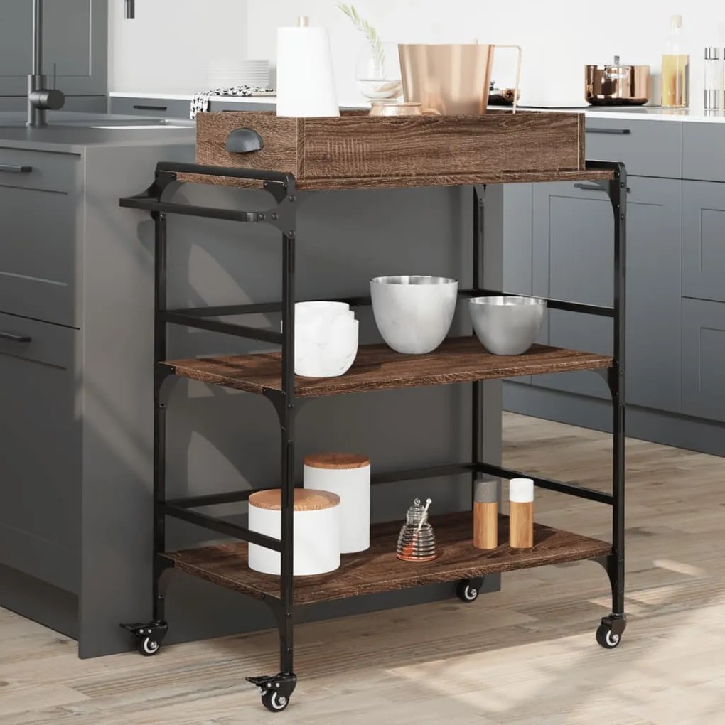 Carrello Cucina Rovere Marrone 81,5x41x92,5cm Legno Multistrato /