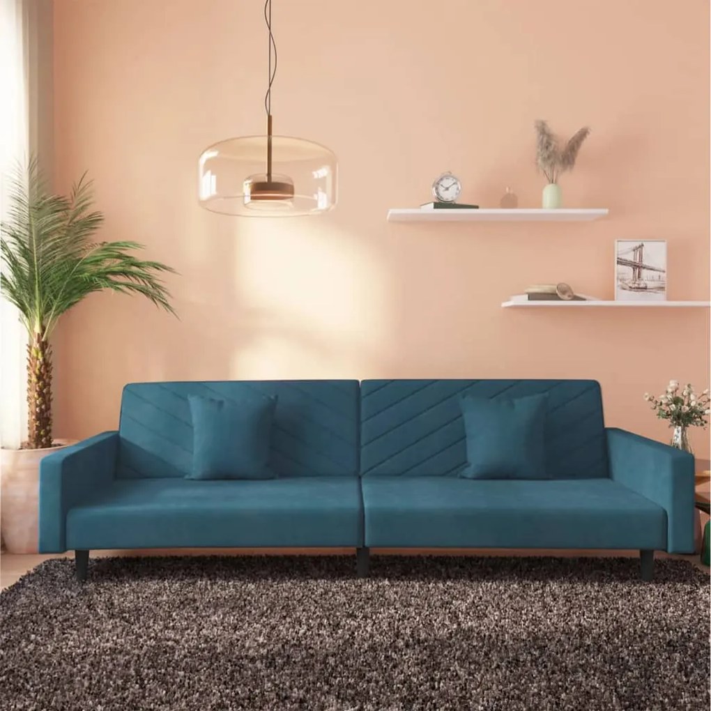 Divano Letto A 2 Posti Con 2 Cuscini Blu İn Velluto /