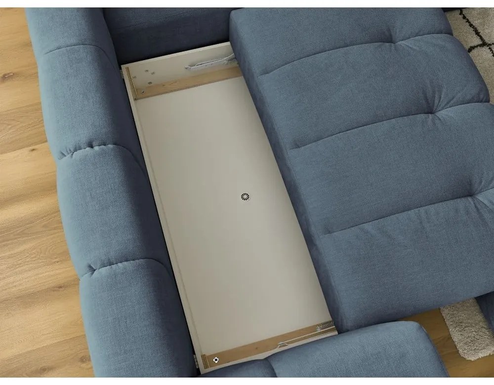 Divano angolare blu allungabile e con contenitore (penisola a destra/a L) con rivestimento in ciniglia Fuji – Bobochic Paris