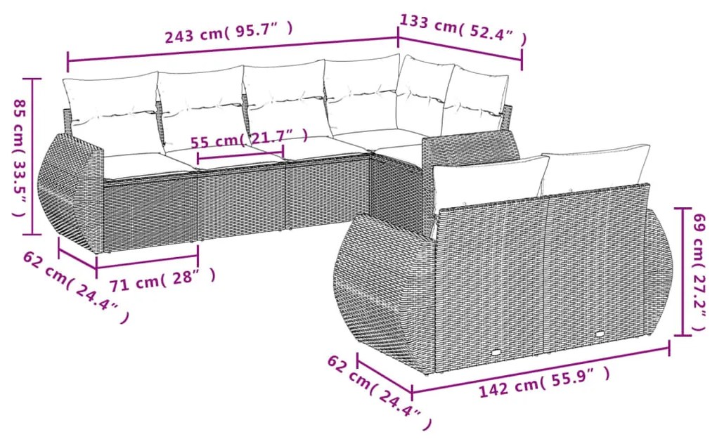 Set Divani da Giardino 7 pz con Cuscini Grigio in Polyrattan