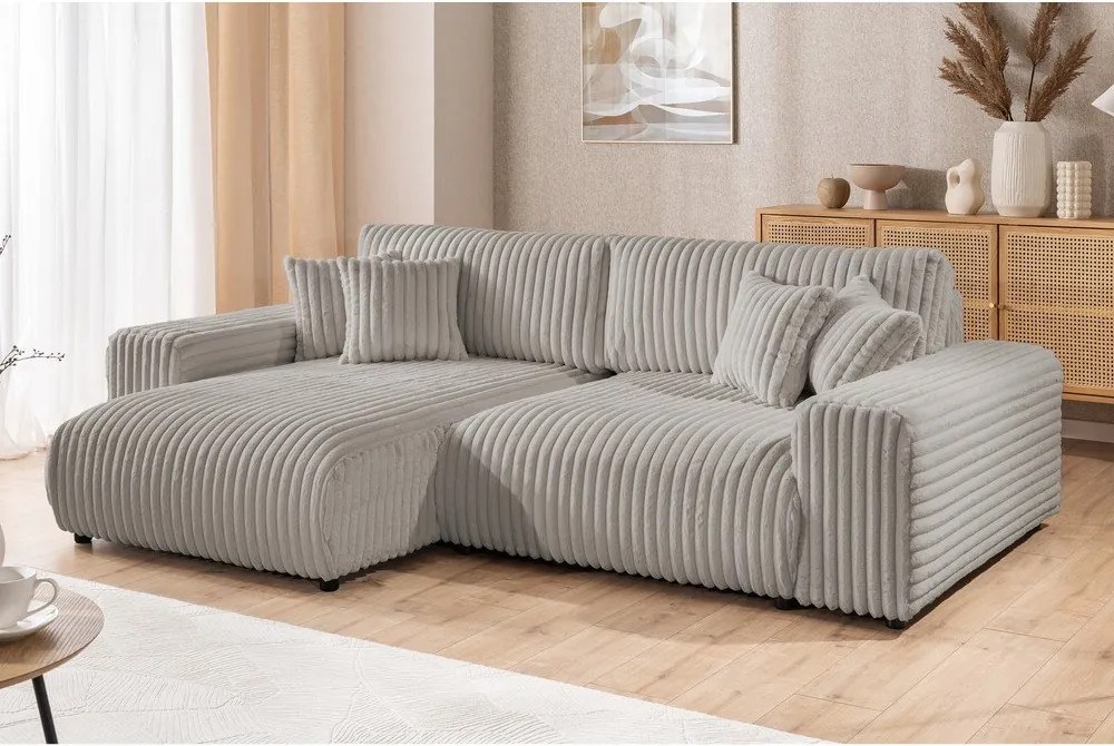 Divano angolare con penisola a sinistra grigio chiaro e rivestimento in velluto a coste allungabile e con contenitore Sarina – Ropez