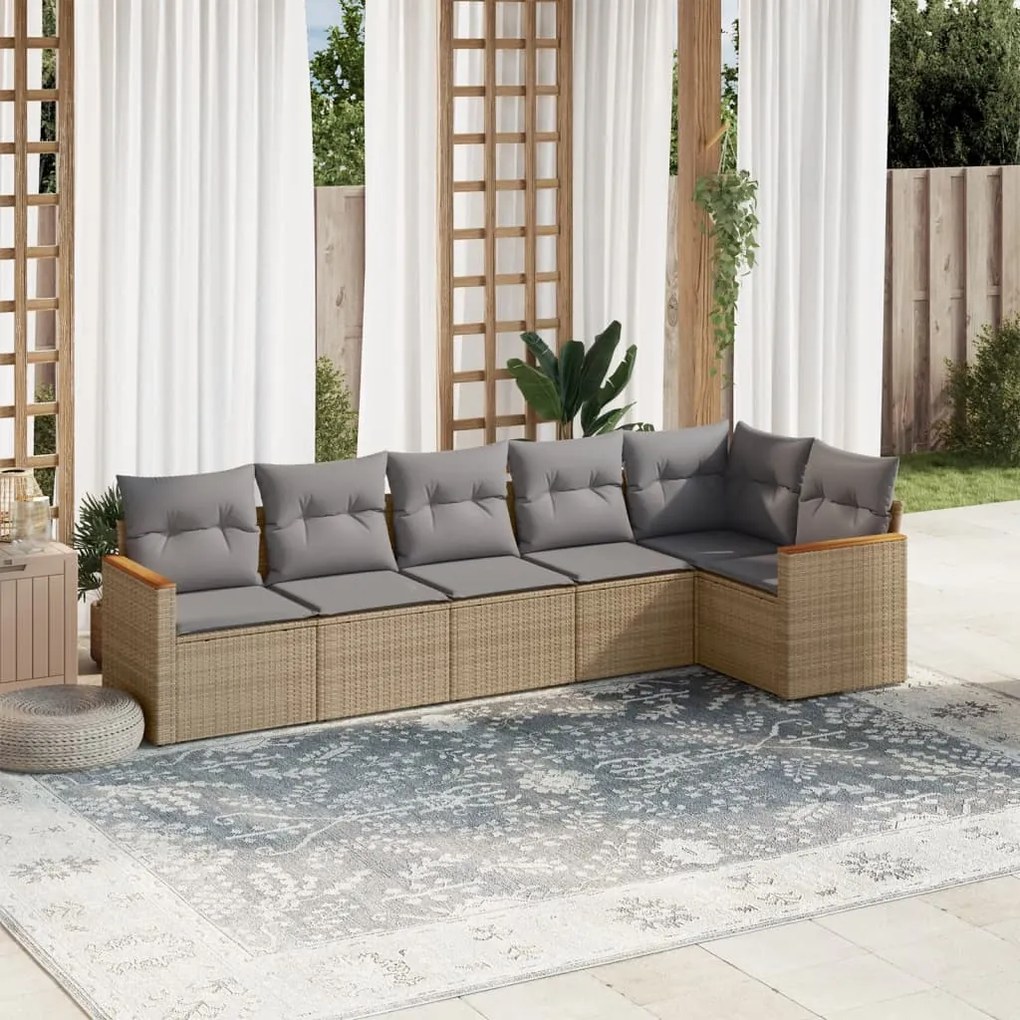 Set divano da giardino 6 pz con cuscini beige misto polyrattan