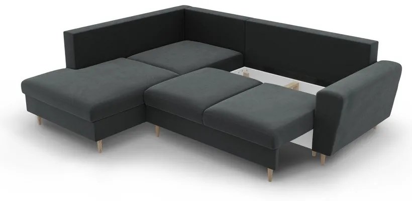 Divano angolare grigio scuro allungabile e con contenitore (con penisola a sinistra/a L) con rivestimento in velluto Kyoto – Cosmopolitan Design