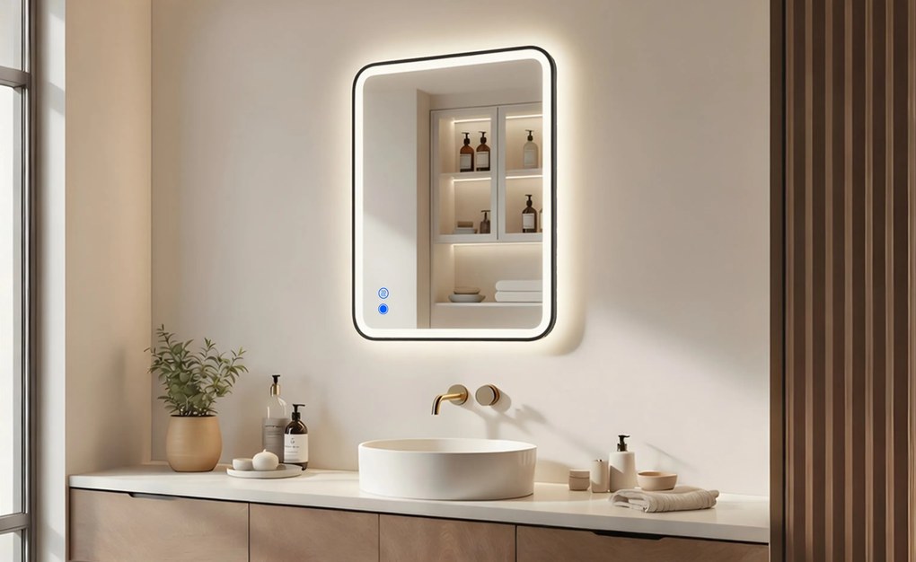 Specchio dagli angoli arrotondati con illuminazione LED in una cornice nera in alluminio