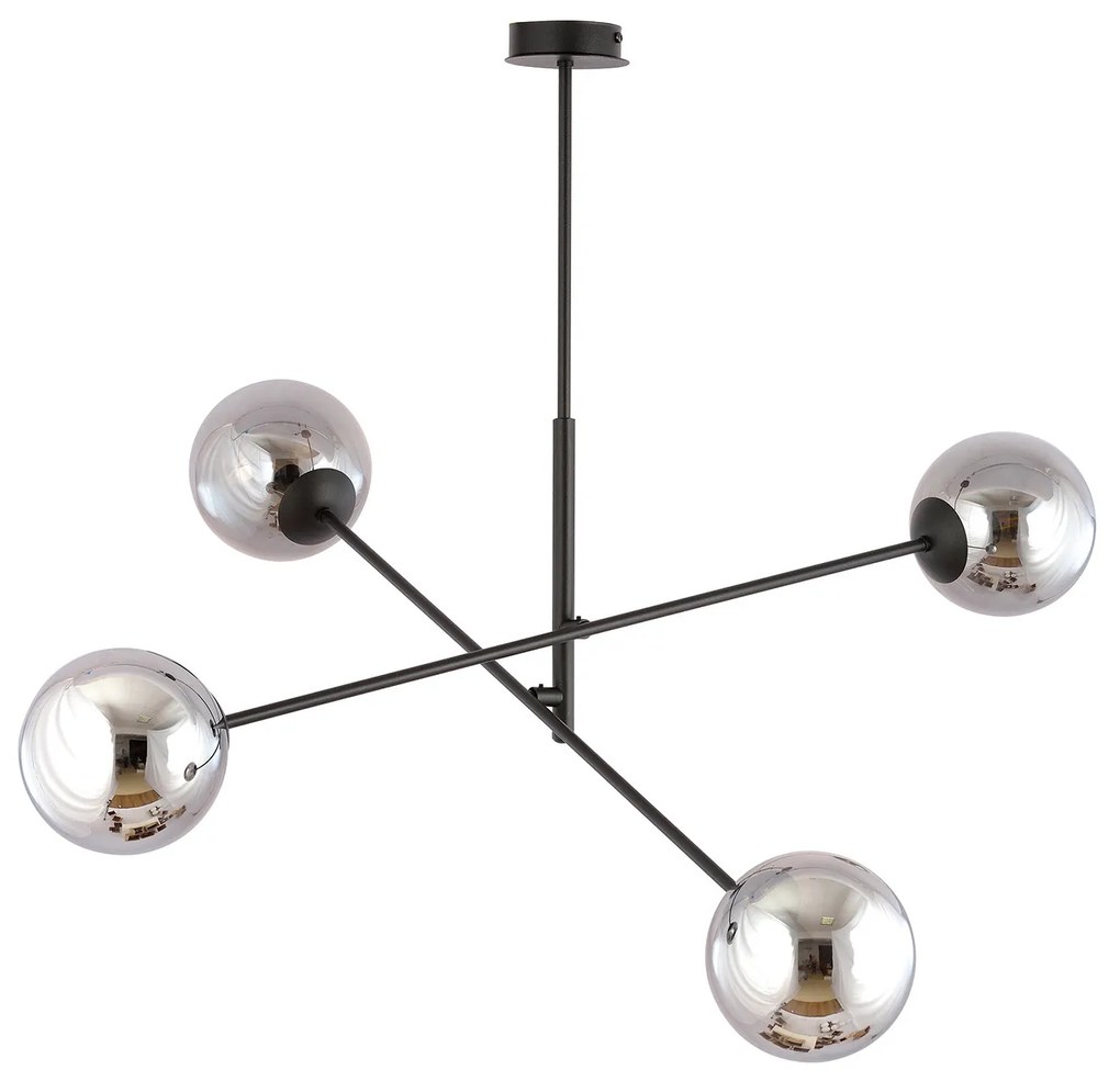 Lampadario 4 Luci Yama In Acciao Nero Con Bracci Regolabili E Vetro Fumè