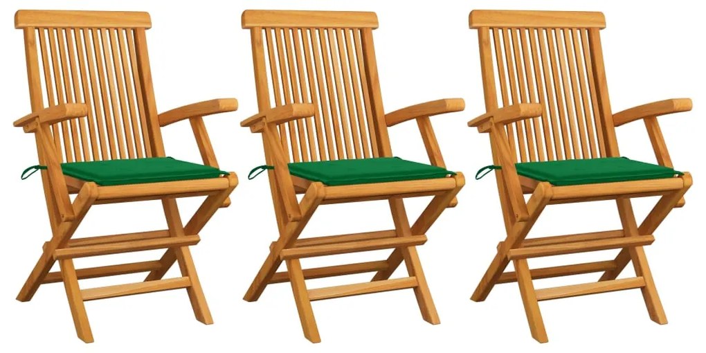 Sedie da Giardino con Cuscini Verdi 3 pz Legno Massello di Teak