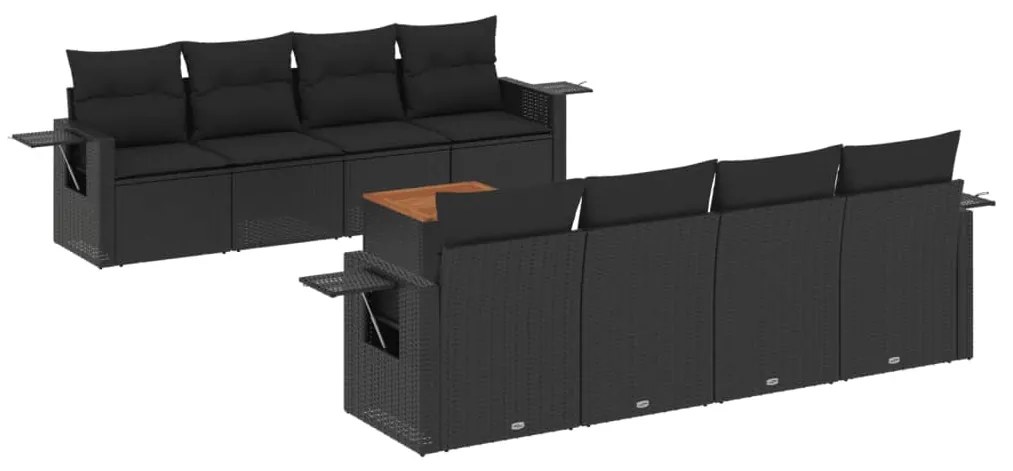 Set Divani da Giardino 9 pz con Cuscini Nero in Polyrattan