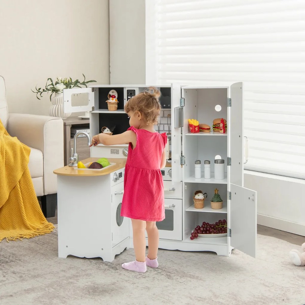 Costway Cucina ad angolo per bambini con lavelli fornelli cappa telefono frigorifero, Cucina gioco educativo Bianco