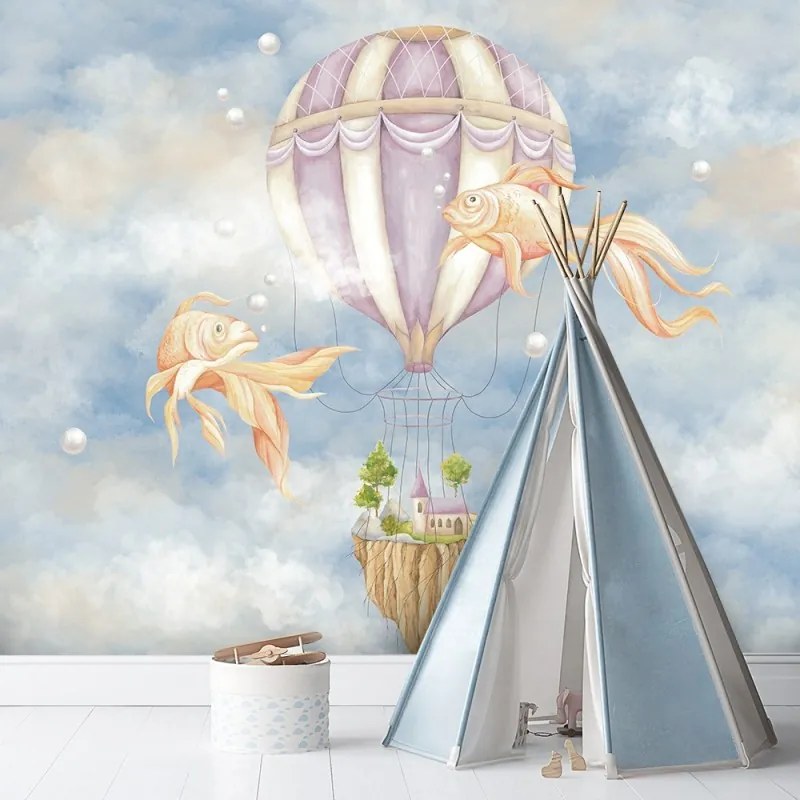 Carta Da Parati, Palloncino volante e pesce blu Dimensioni 450x315, Finitura Carta da Parati Effetto Tela, Tipo di Carta da Parati