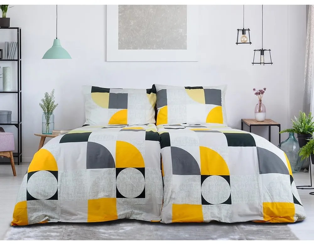 Set copripiumino e federa giallo/grigio in crêpe per letto singolo 140x200 cm Geometries – B.E.S.