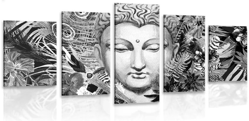 Quadri 5 pezzi – Buddha su sfondo esotico in bianco e nero
