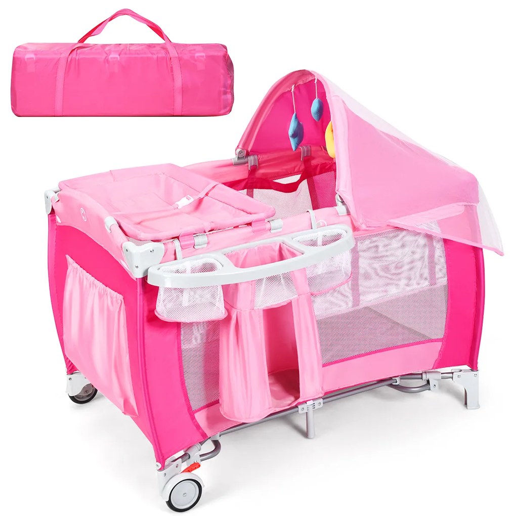 Costway Culla per bimbo pieghevole con zanzariera 124x65x121cm, Lettino bimbo a due livelli regolabile Rosa