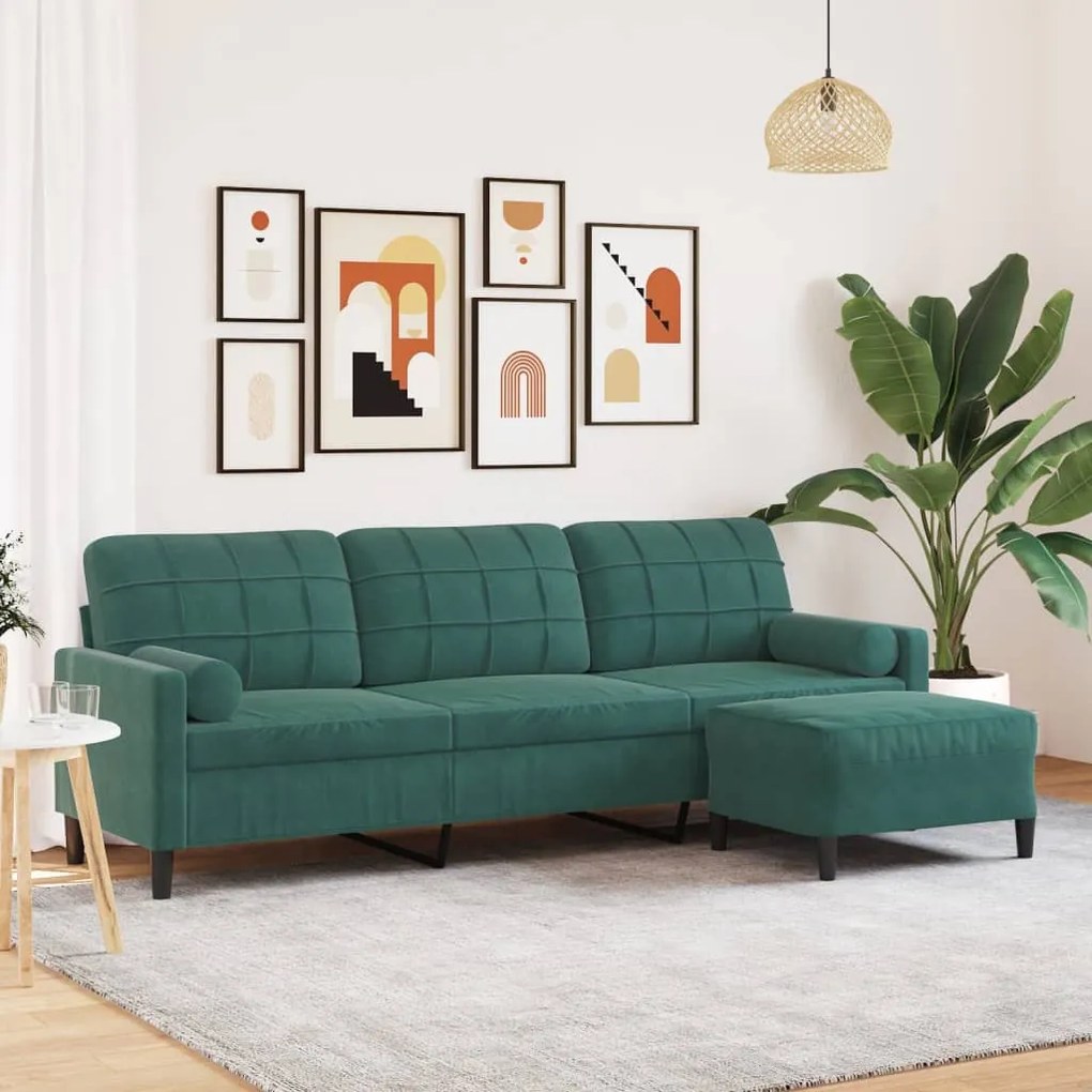 Divano A 3 Posti Con Poggiapiedi Verde Scuro 210cm İn Velluto /