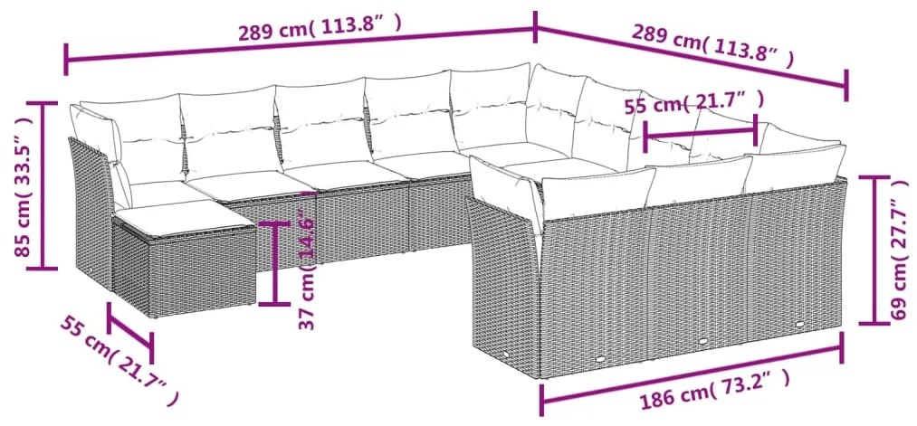 Set divano giardino 12 pz con cuscini grigio chiaro polyrattan