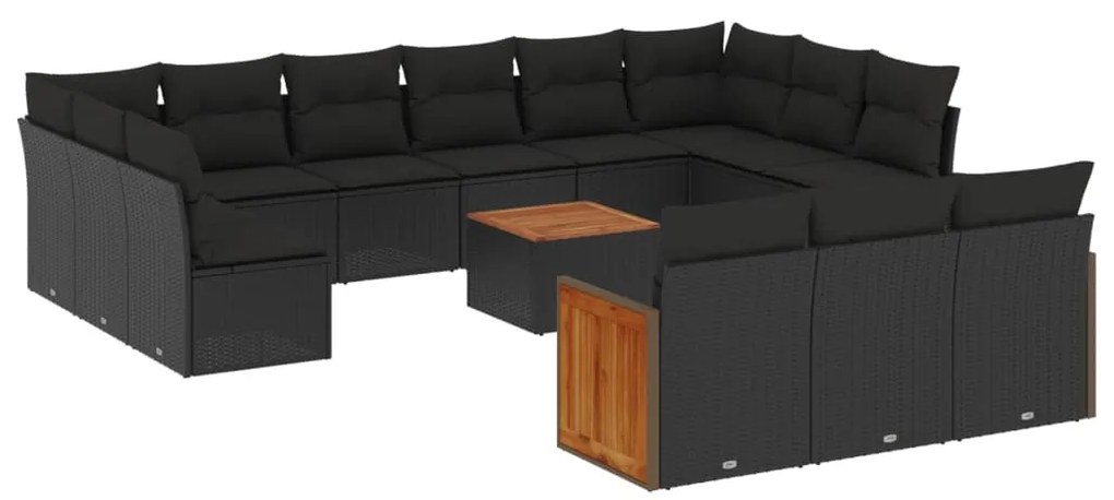 Set divani da giardino 14pz con cuscini in polyrattan nero