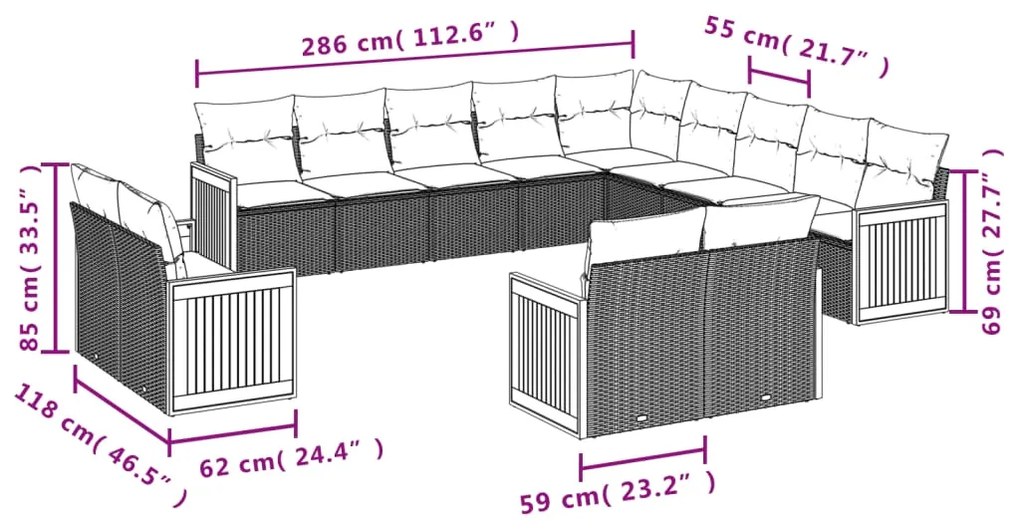 Set divani da giardino 13pz con cuscini nero in polyrattan