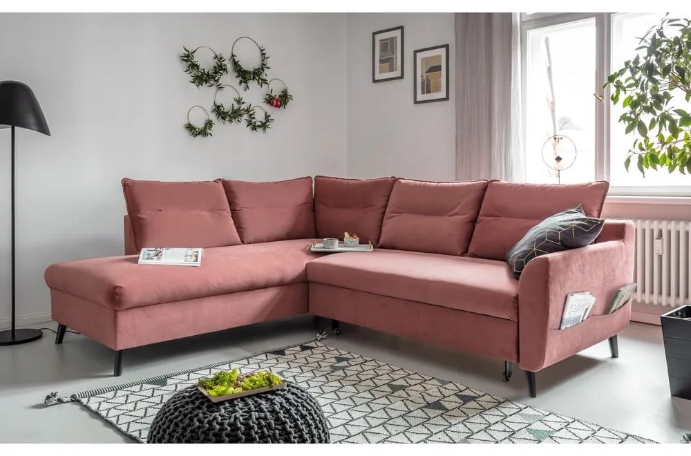 Divano letto angolare in velluto rosa L, angolo sinistro Stylish Stan - Miuform