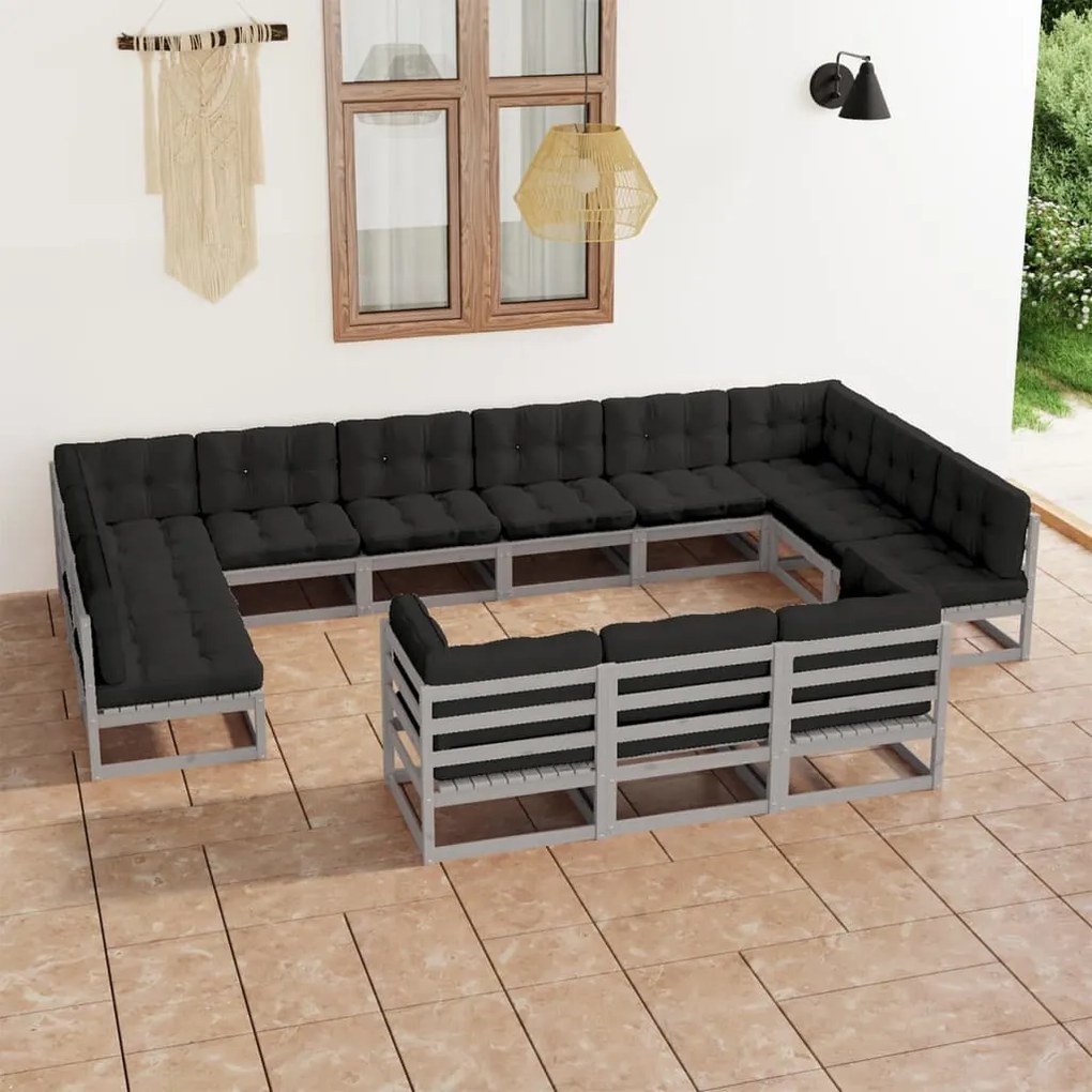 Set Divani da Giardino 13 pz Grigio Cuscini Massello di Pino