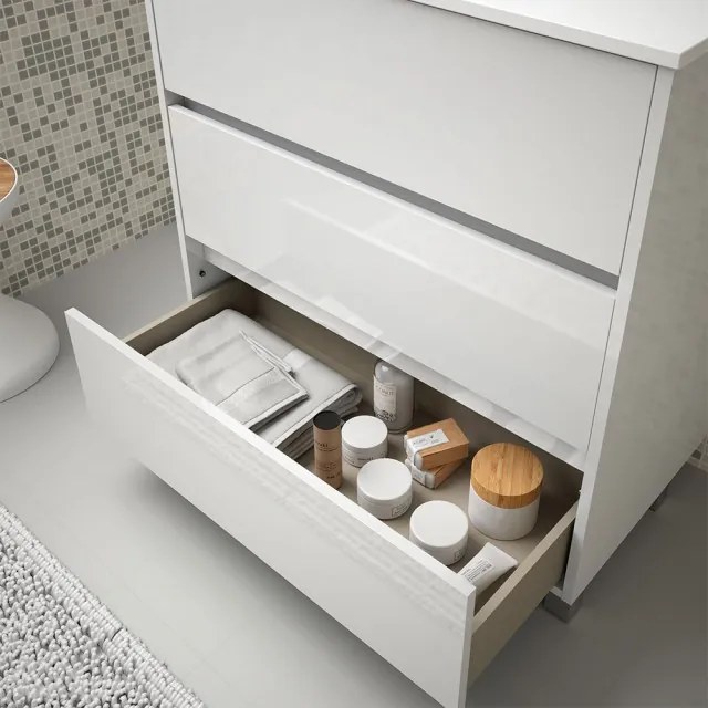 Mobile bagno a terra 60 cm bianco lucido con 3 cassettoni lavabo e specchio Saxsi