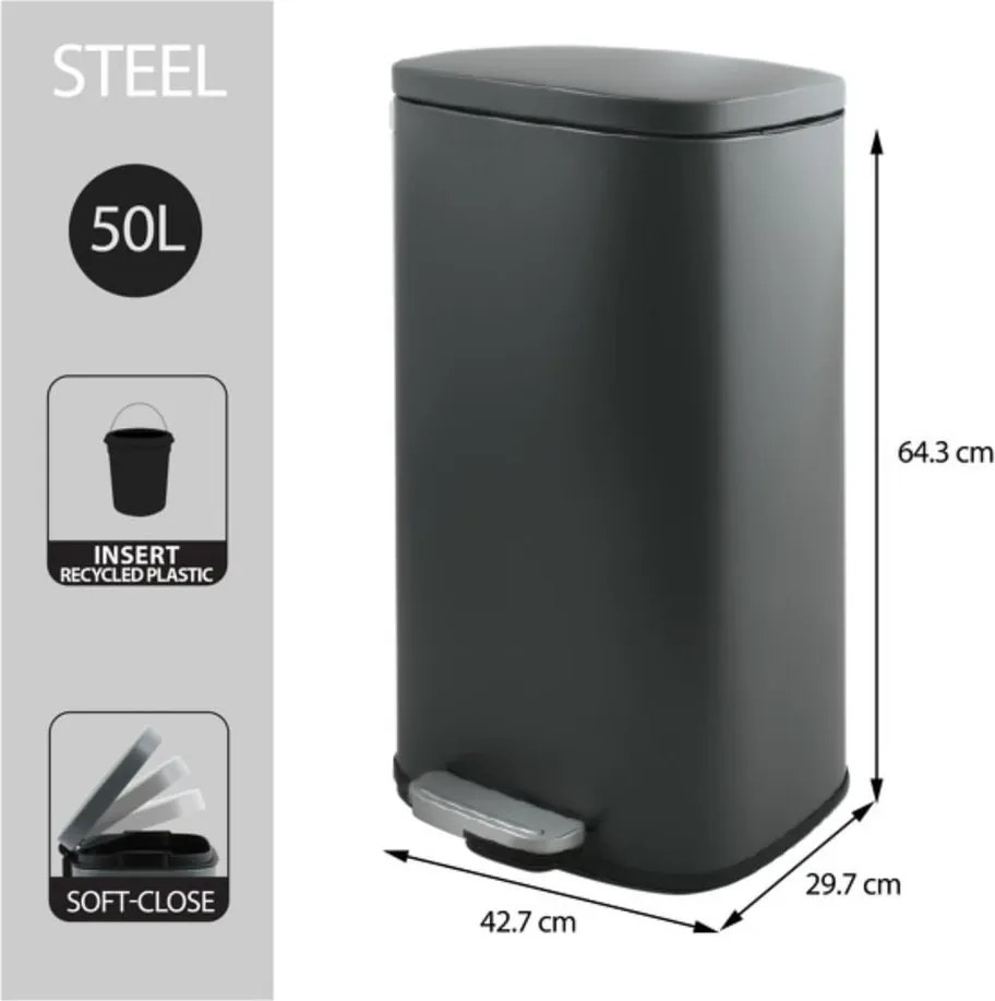 Cestino per la spazzatura grigio scuro in acciaio con pedale 50 l Akira – Spirella