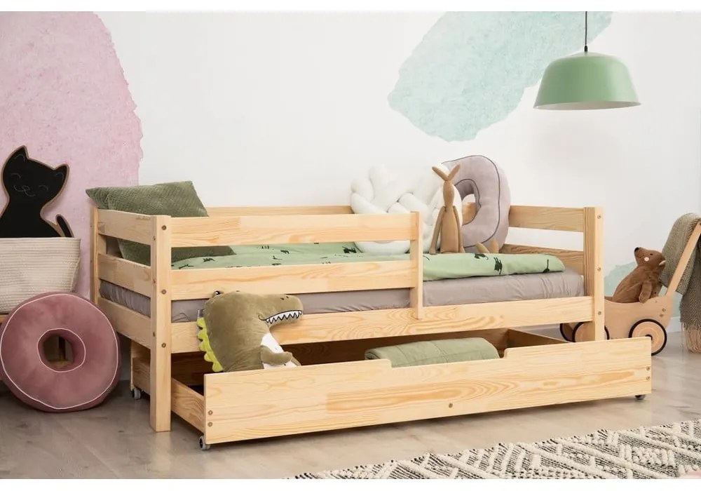 Letto da bambini estraibile di colore naturale in pino massiccio con contenitore con rete inclusa 90x180 cm CPD – Adeko