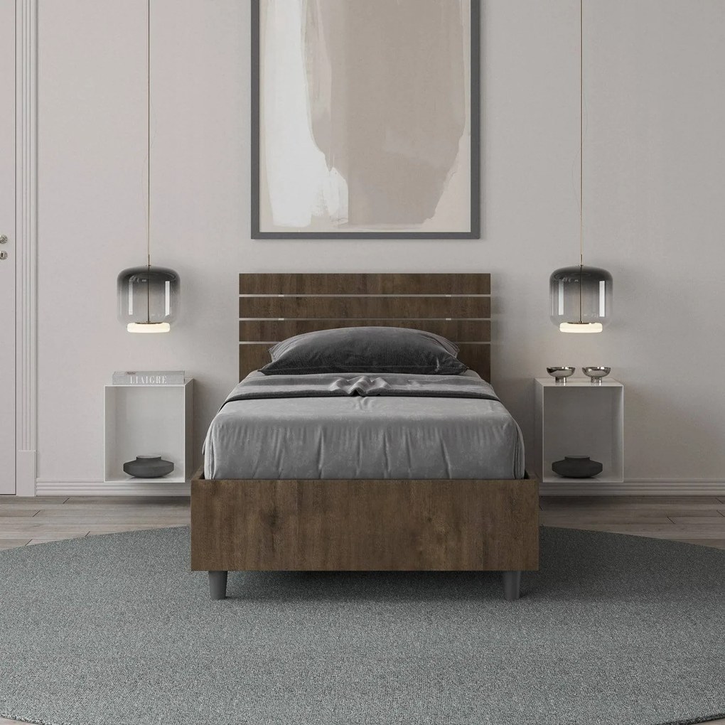 Letto Singolo 80x200 Ankel con Testata Inclinata e Contenitore, Noce / Contenitore