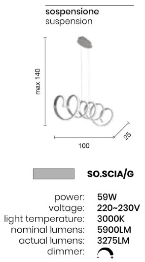 Lampada a sospensione SCIA a LED in metallo 100 cm con finitura Silver