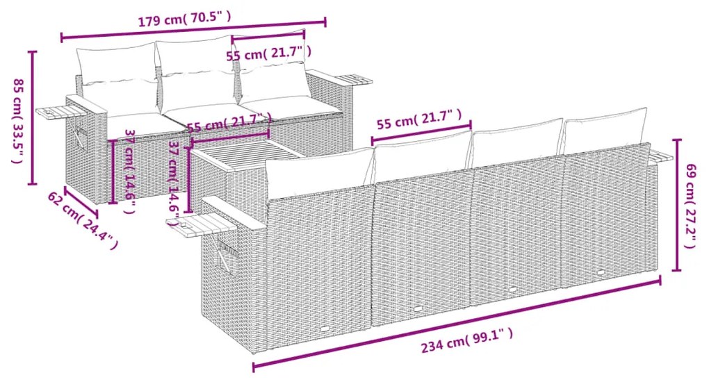 Set divani da giardino con cuscini 8 pz nero in polyrattan