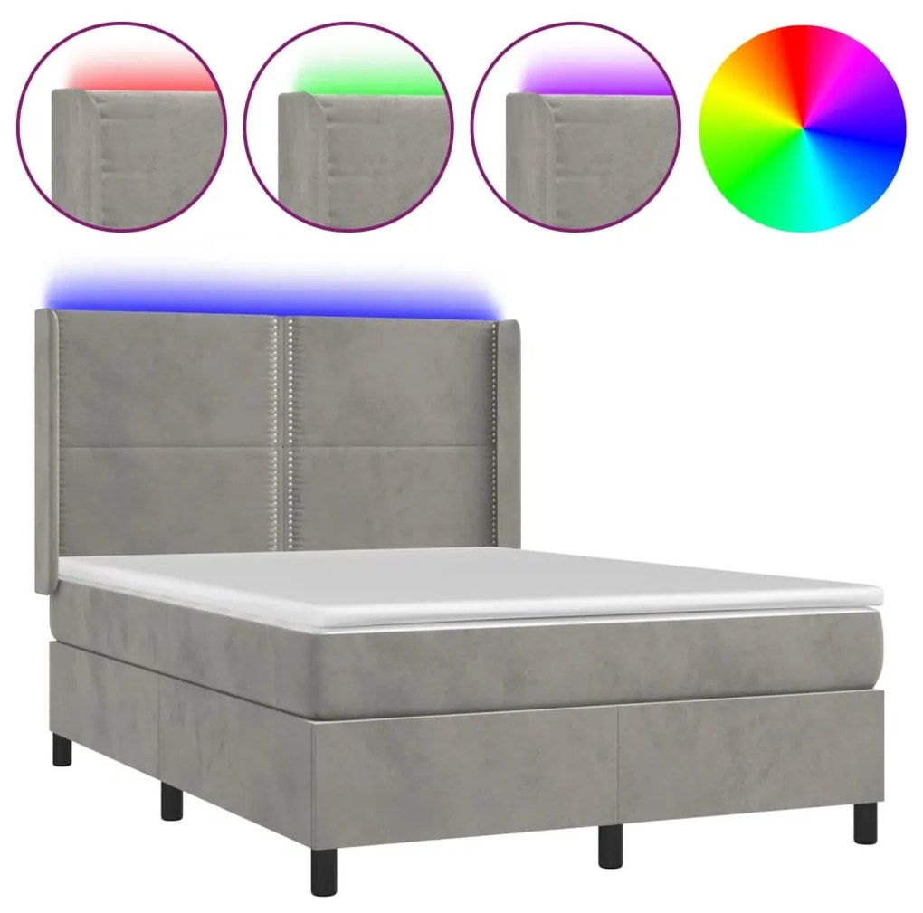 Letto a molle materasso e led grigio chiaro 140x190 cm velluto