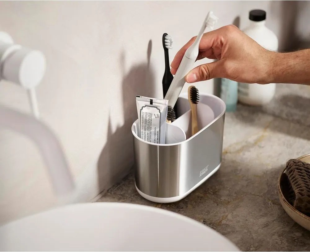 Portaspazzolino verticale argentato in acciaio inox Duo Steel – Joseph Joseph