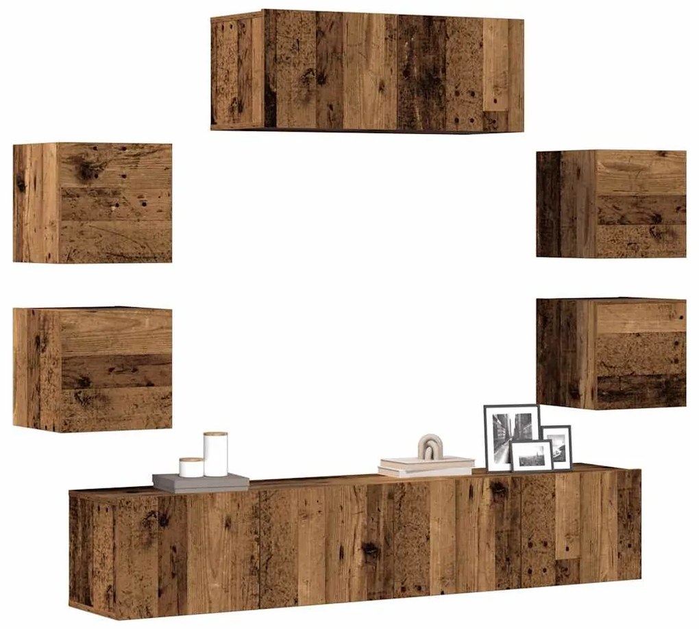 Set Mobile Tv 7 Pz Montato A Parete Legno Antico İn Truciolato /