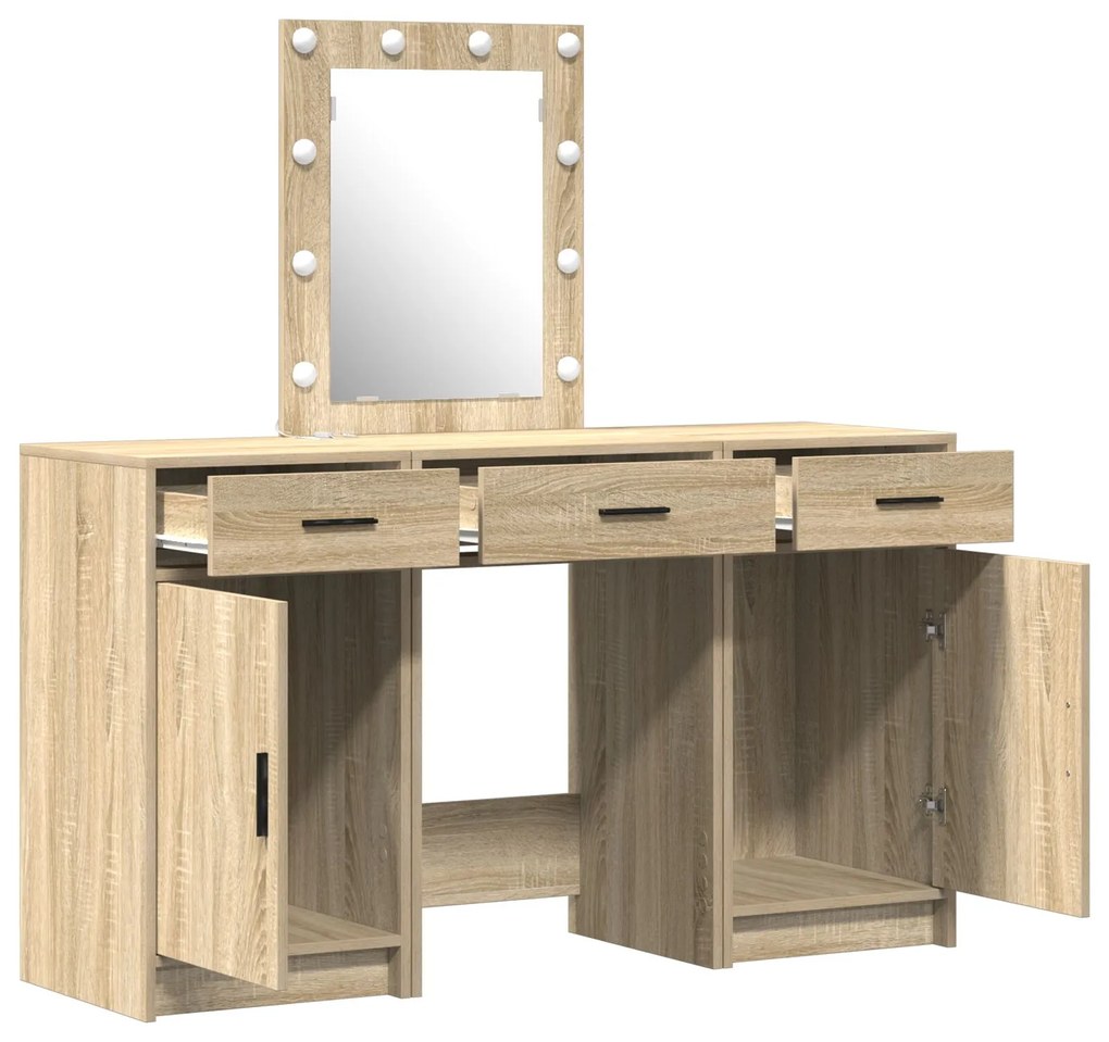 Set da toeletta 3 pezzi con led in rovere sonoma in legno ingegnerizzato