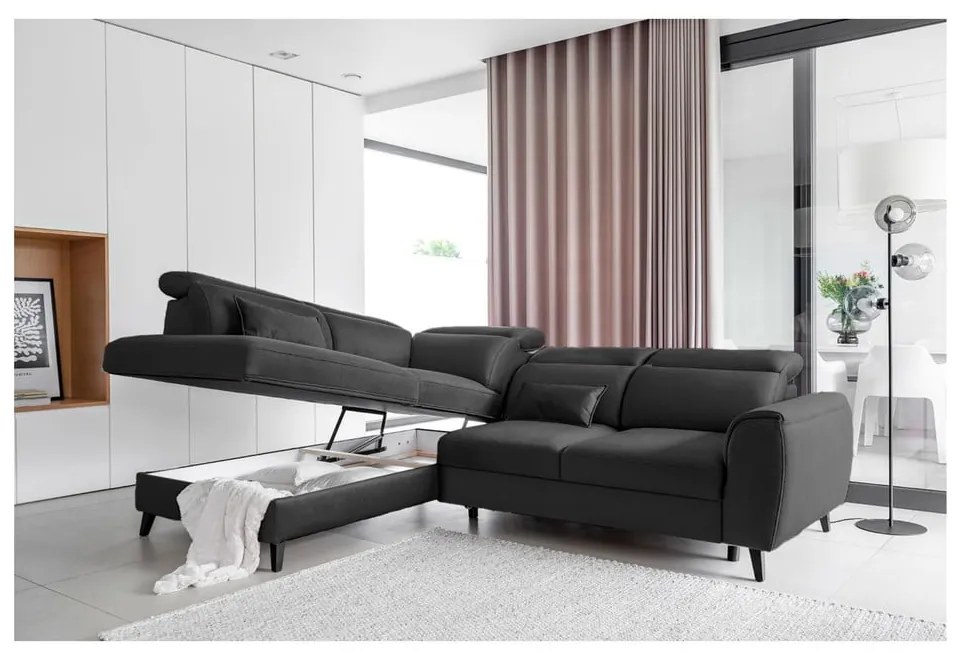 Divano angolare grigio scuro allungabile/con contenitore (con penisola a sinistra/a L) e rivestimento in velluto Noble – ELTAP