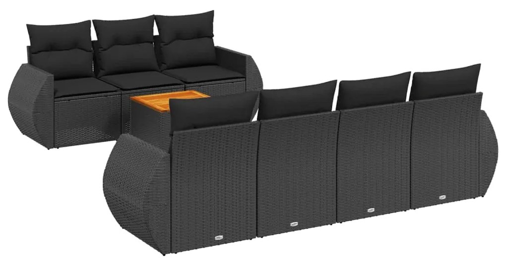 Set divani da giardino con cuscini 8 pz nero in polyrattan